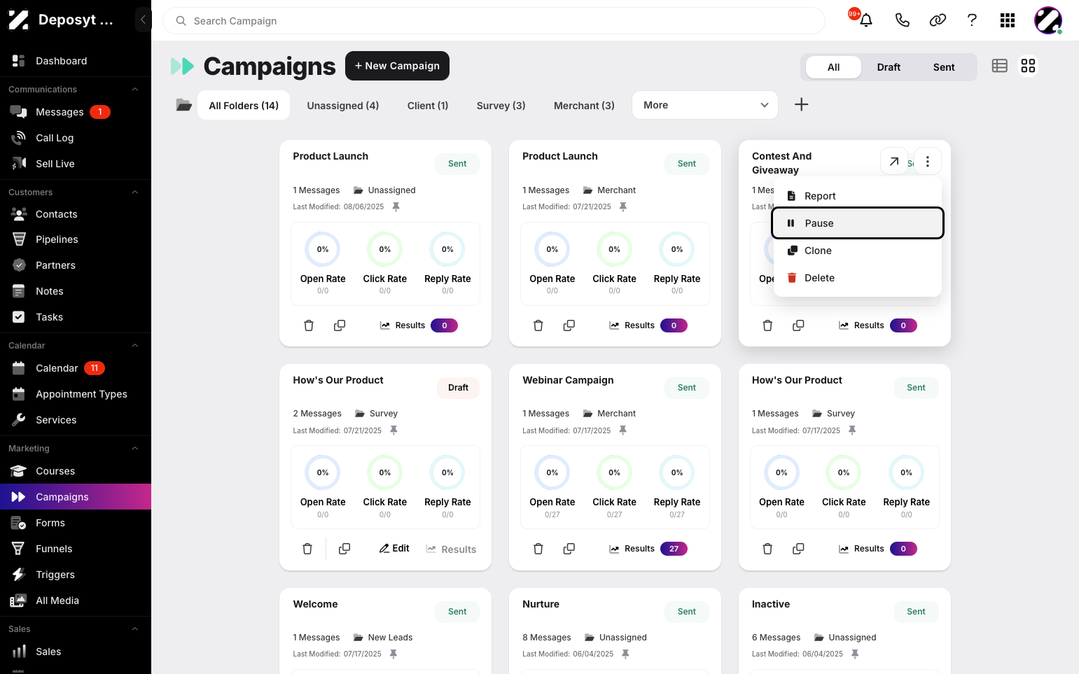 Step 7: Click the three-dot menu on the campaign, then click Pause.