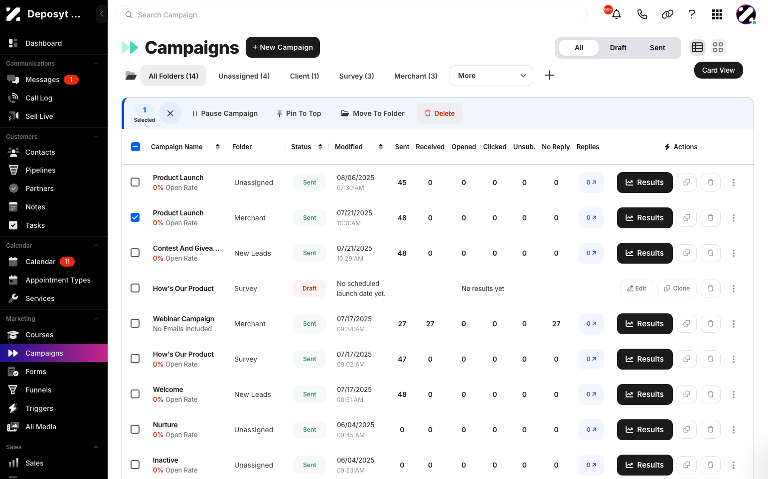 Step 6: Click Card View to change the view of the campaign module.