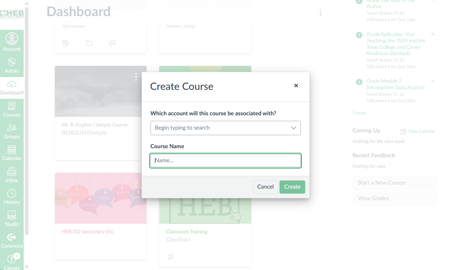Click on Course Name, Enter a Name, Click Create!