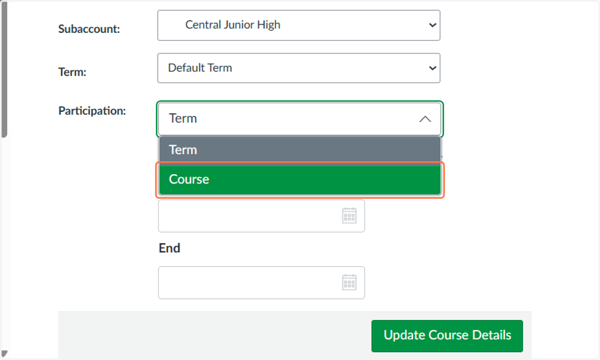 Under Settings, select the drop-down and choose Course.