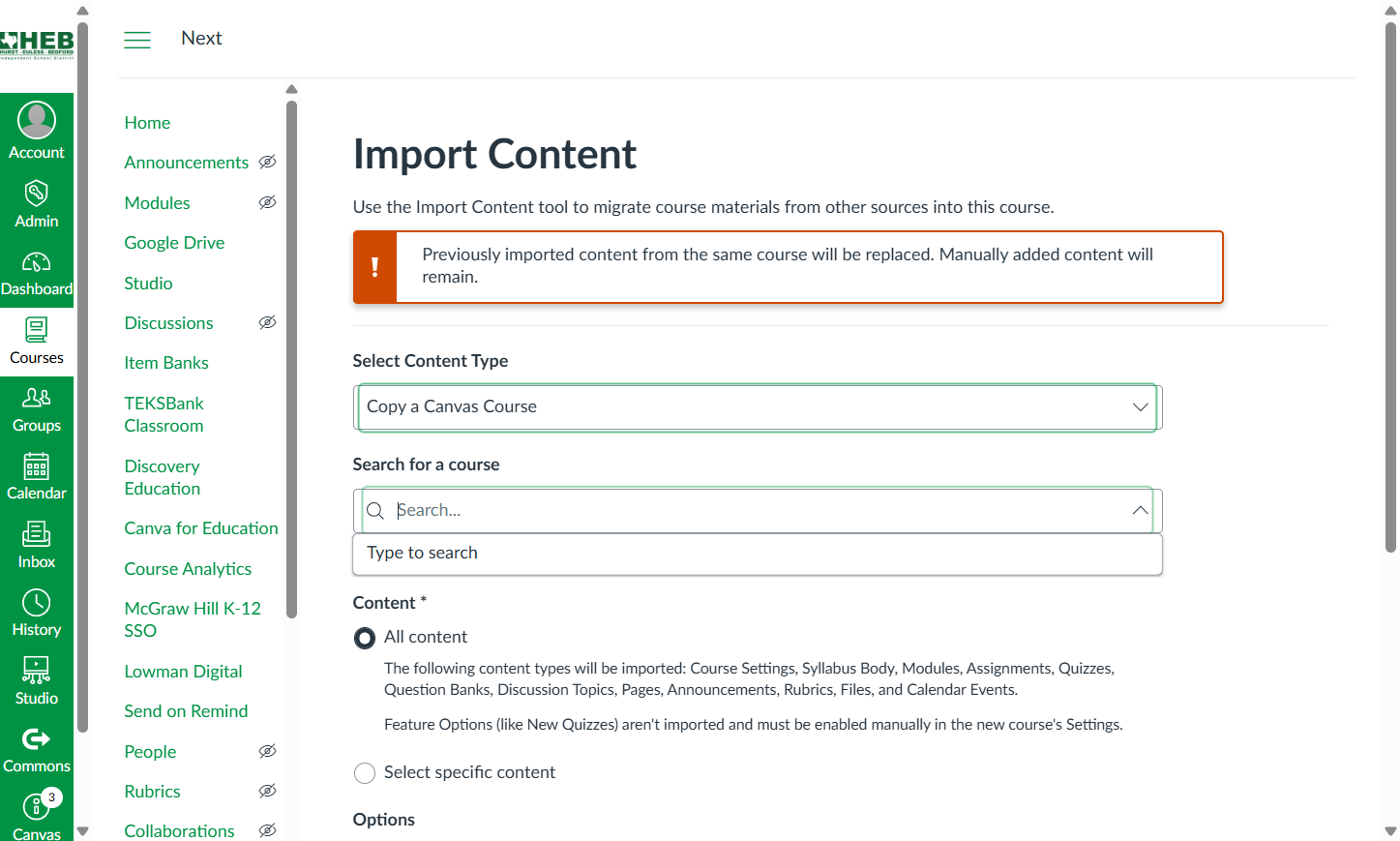 Click on Search for a course and find the course you want to copy.