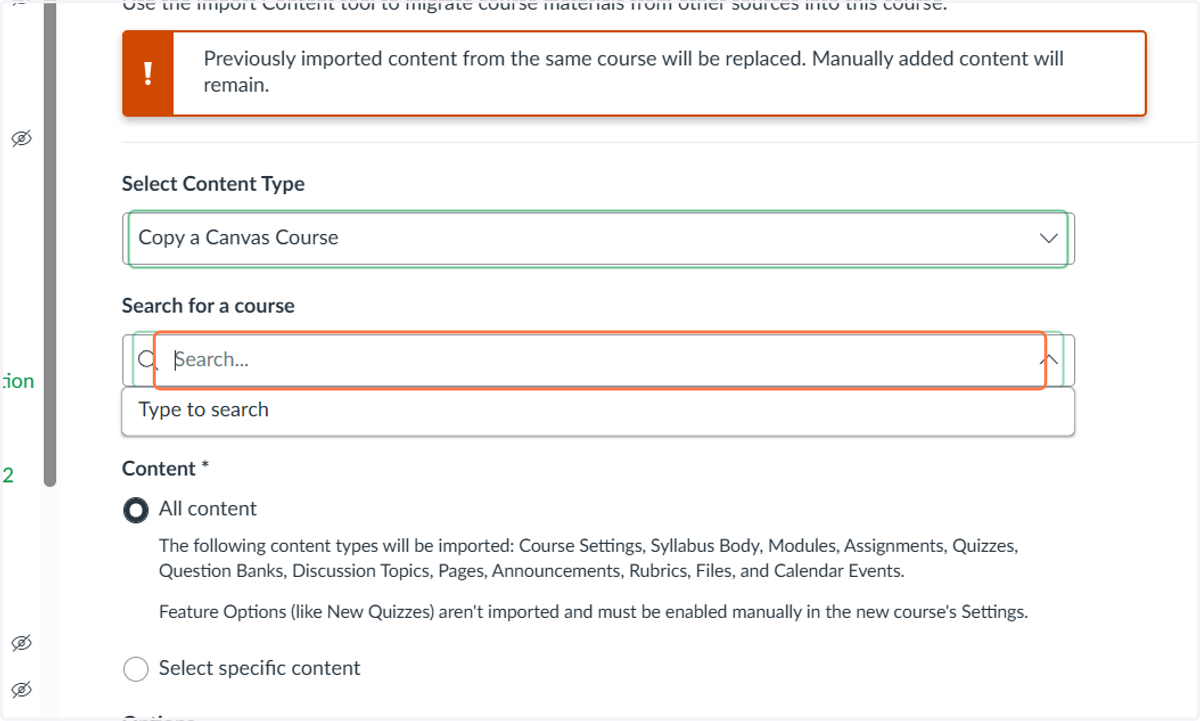 Click on Search for a course and find the course you want to copy.