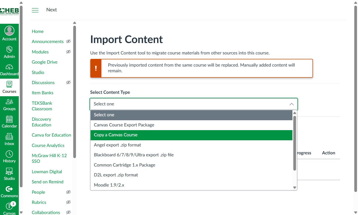 Click on Copy a Canvas Course