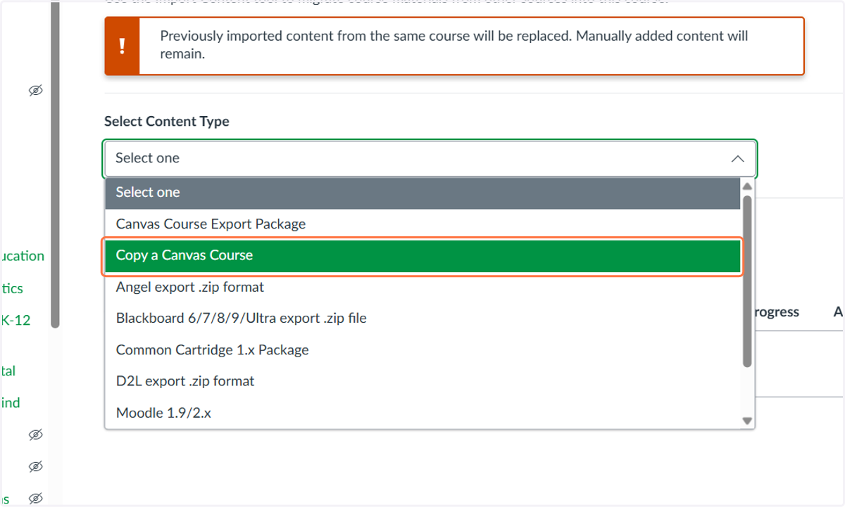 Click on Copy a Canvas Course