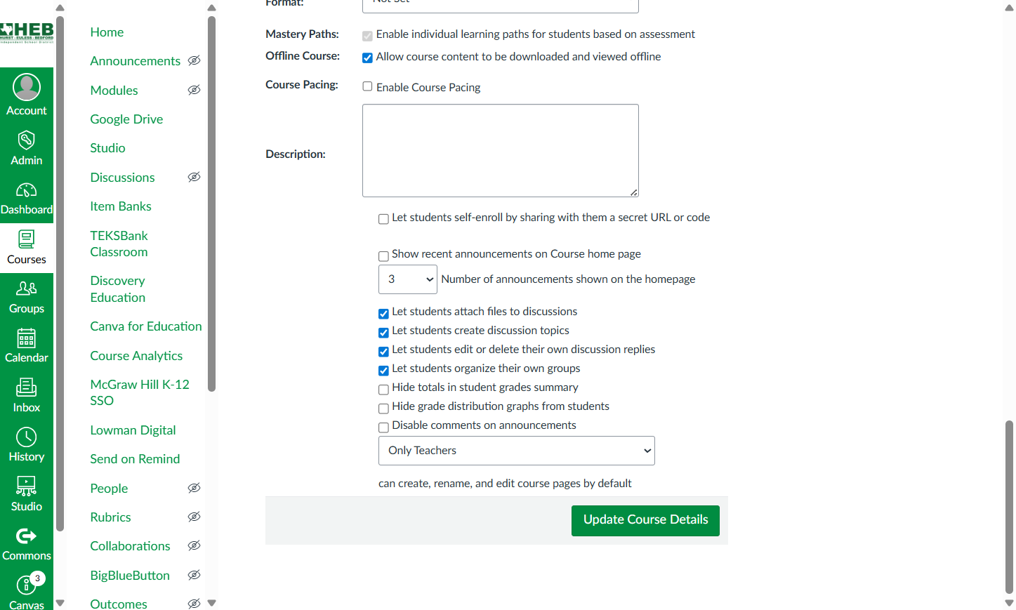 Click on Update Course Details