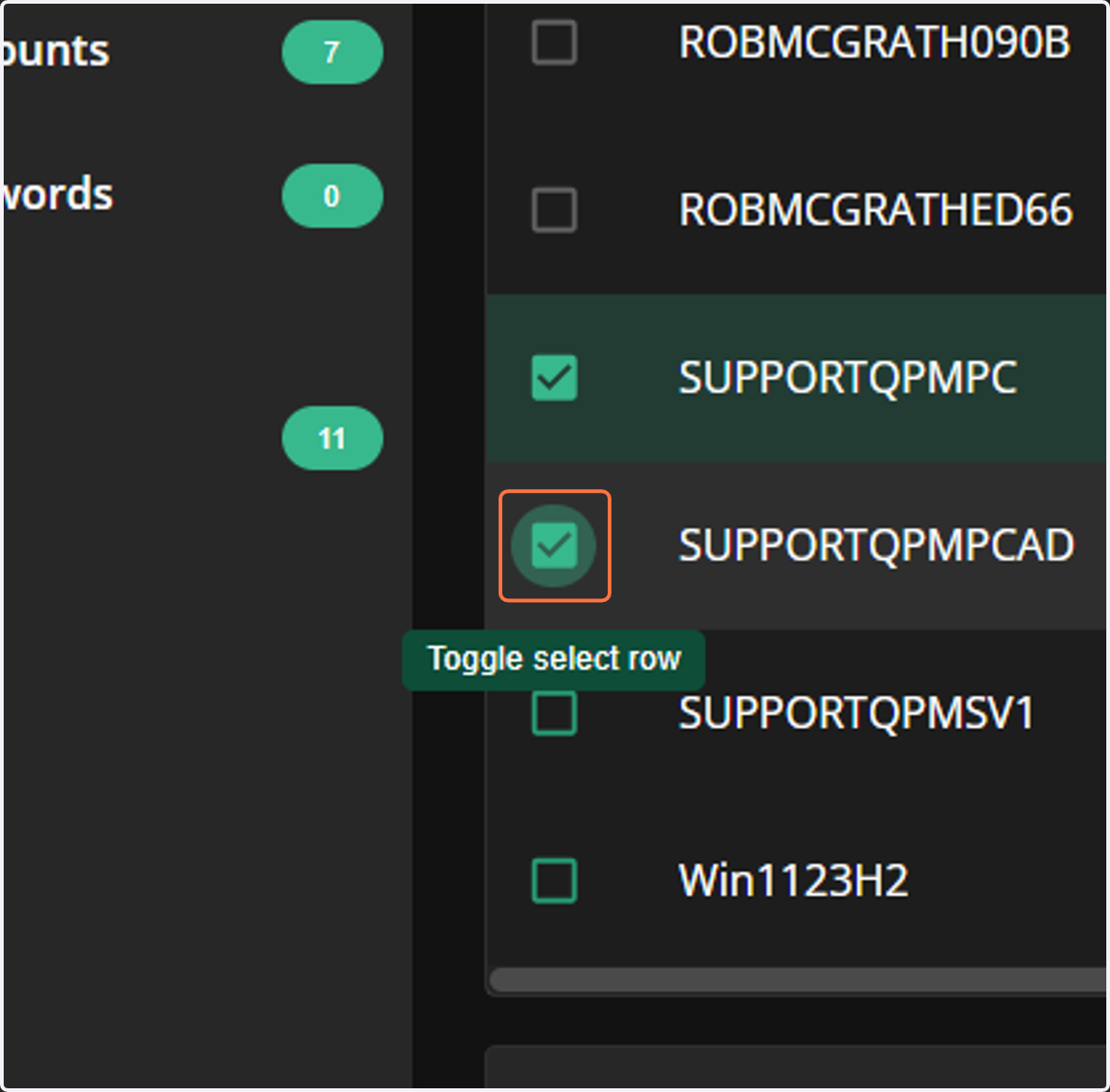 Check Toggle select row