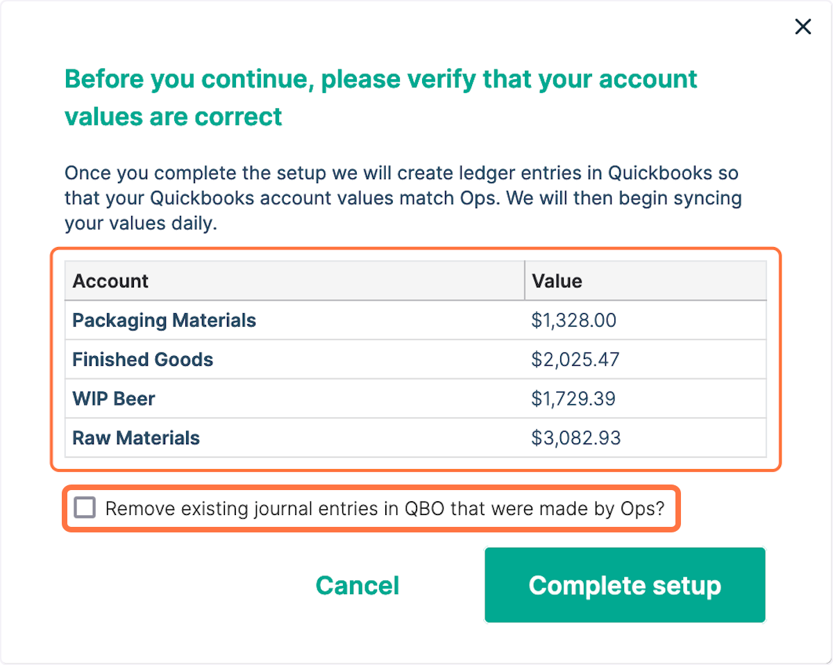 Review your account values prior to completing setup
