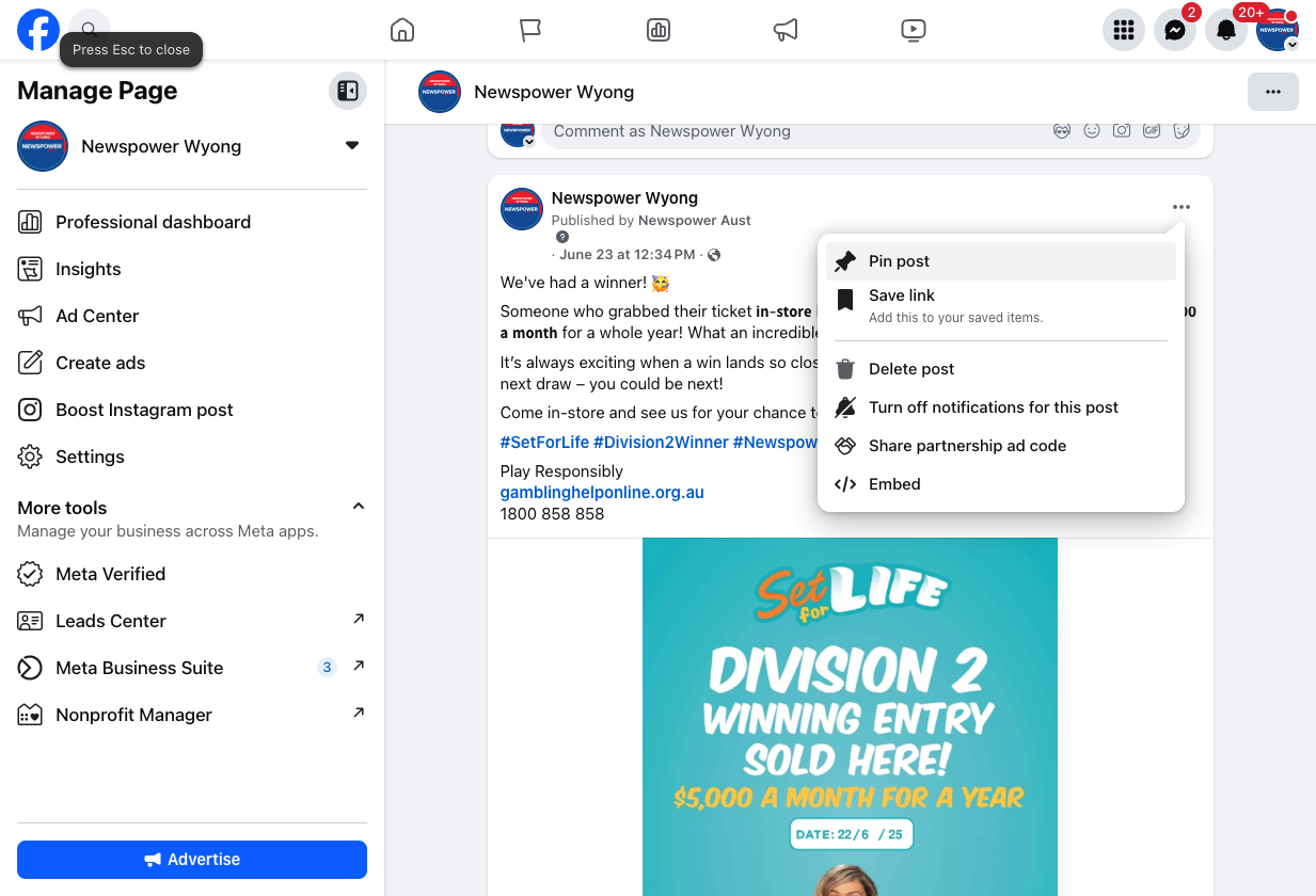 Click on Pin post