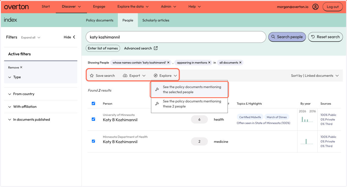 From 'Explore', click 'See the policy documents mentioning the selected people' to view the policy documents that mention the selected people.