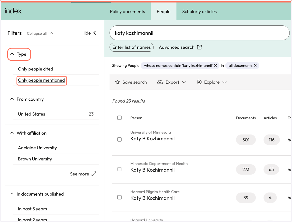 Select 'Type' to filter for 'Only people mentioned' to see people mentions.