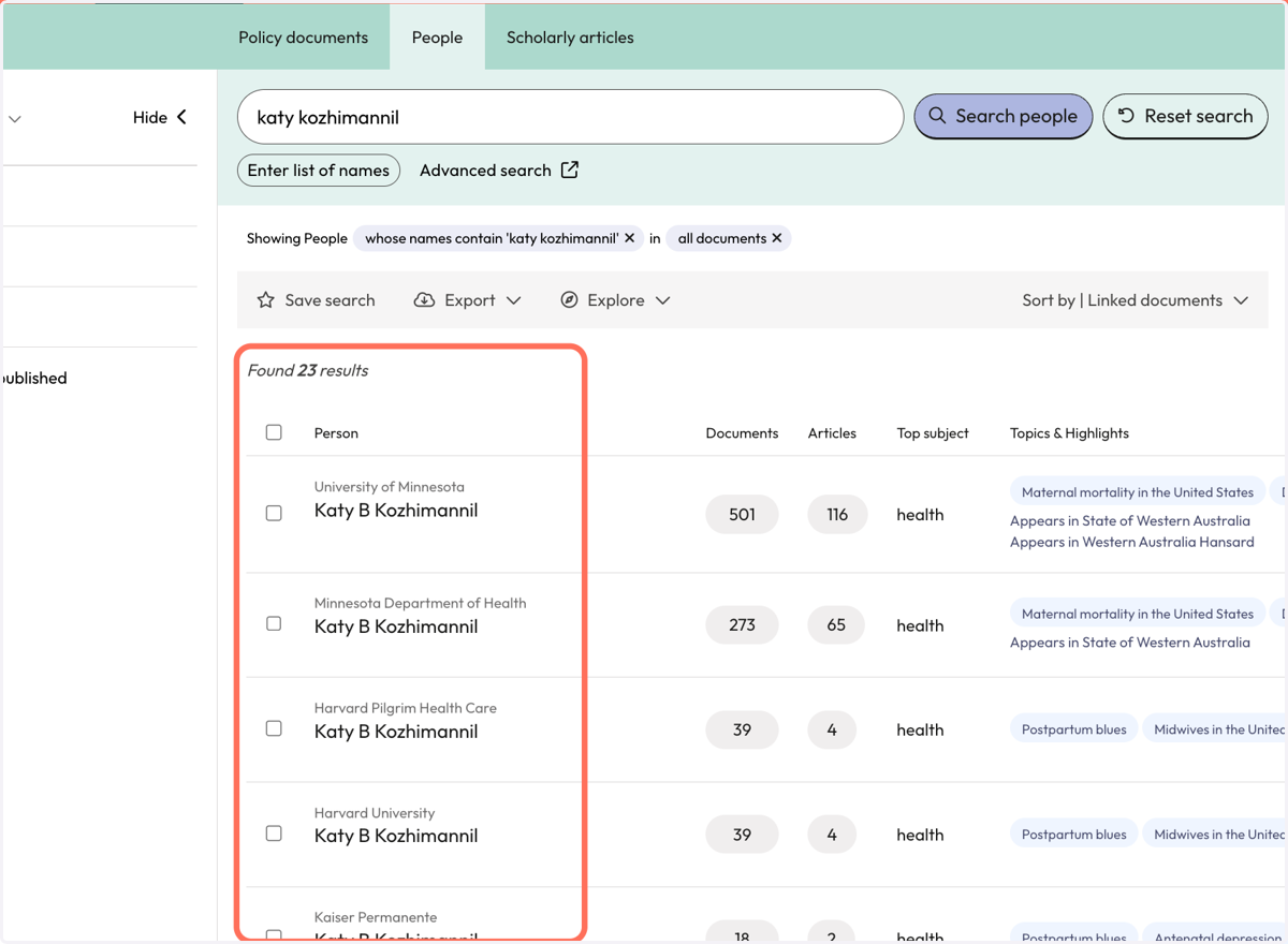 Your results appear on the 'People' search page.