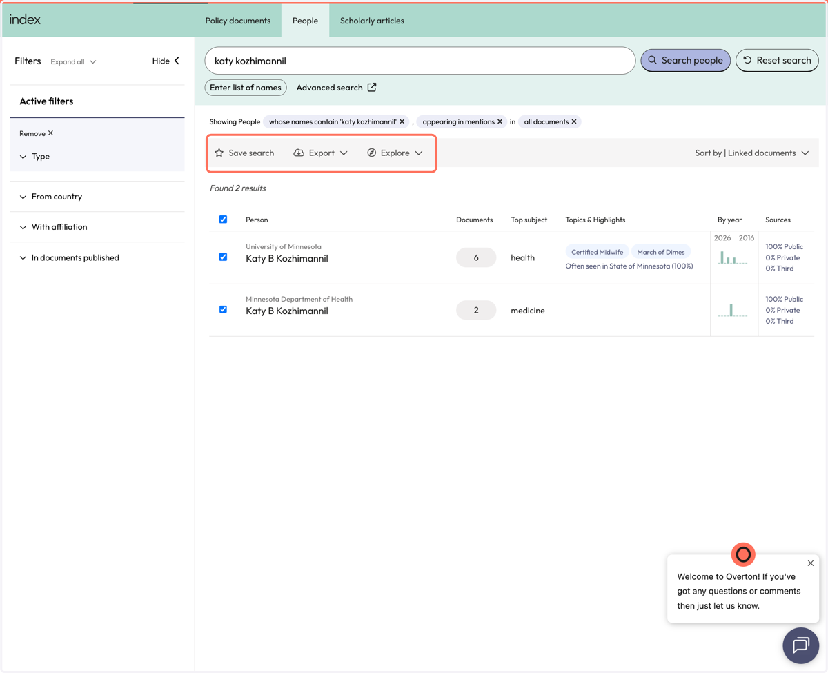 Once your results are selected, use the grey action bar to save the search, export*, or explore results collectively.