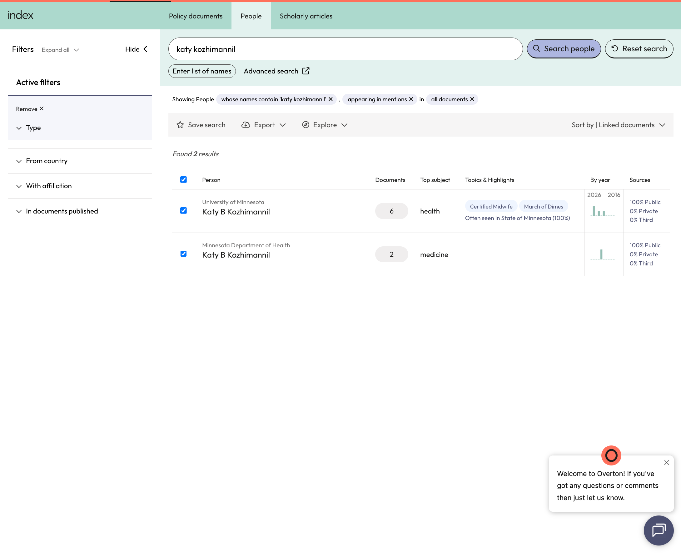 To select specific results, check the box beside the relevant name/affiliation pairs or 'select all' by clicking the check box at the top of the results list.