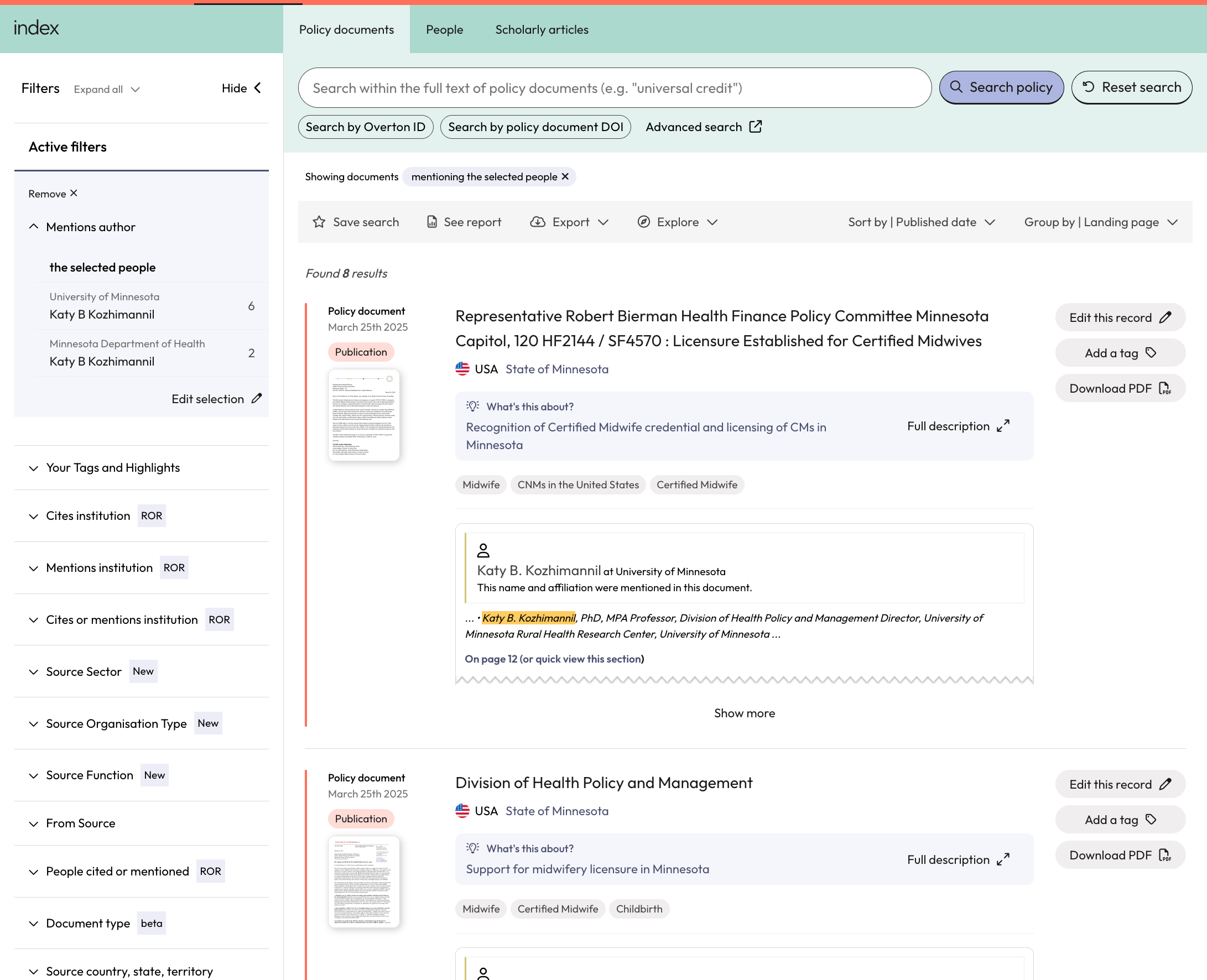 A 'mention' found via the People search is distinguished by the presence of the yellow bar beside the evidence snippet.