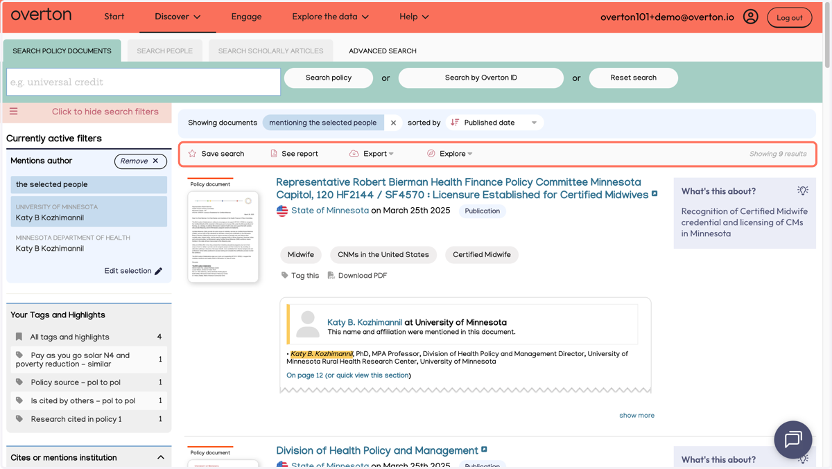 Use the action bar to save a search, generate a summary report, export* or explore further