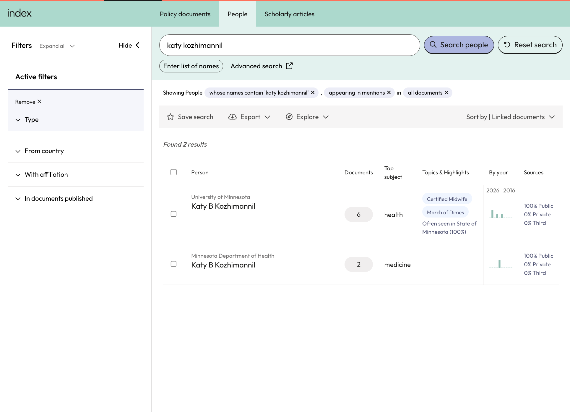 Each result entry includes a name and institutional affiliation pair. A person may have multiple results if they have been affiliated with multiple institutions.