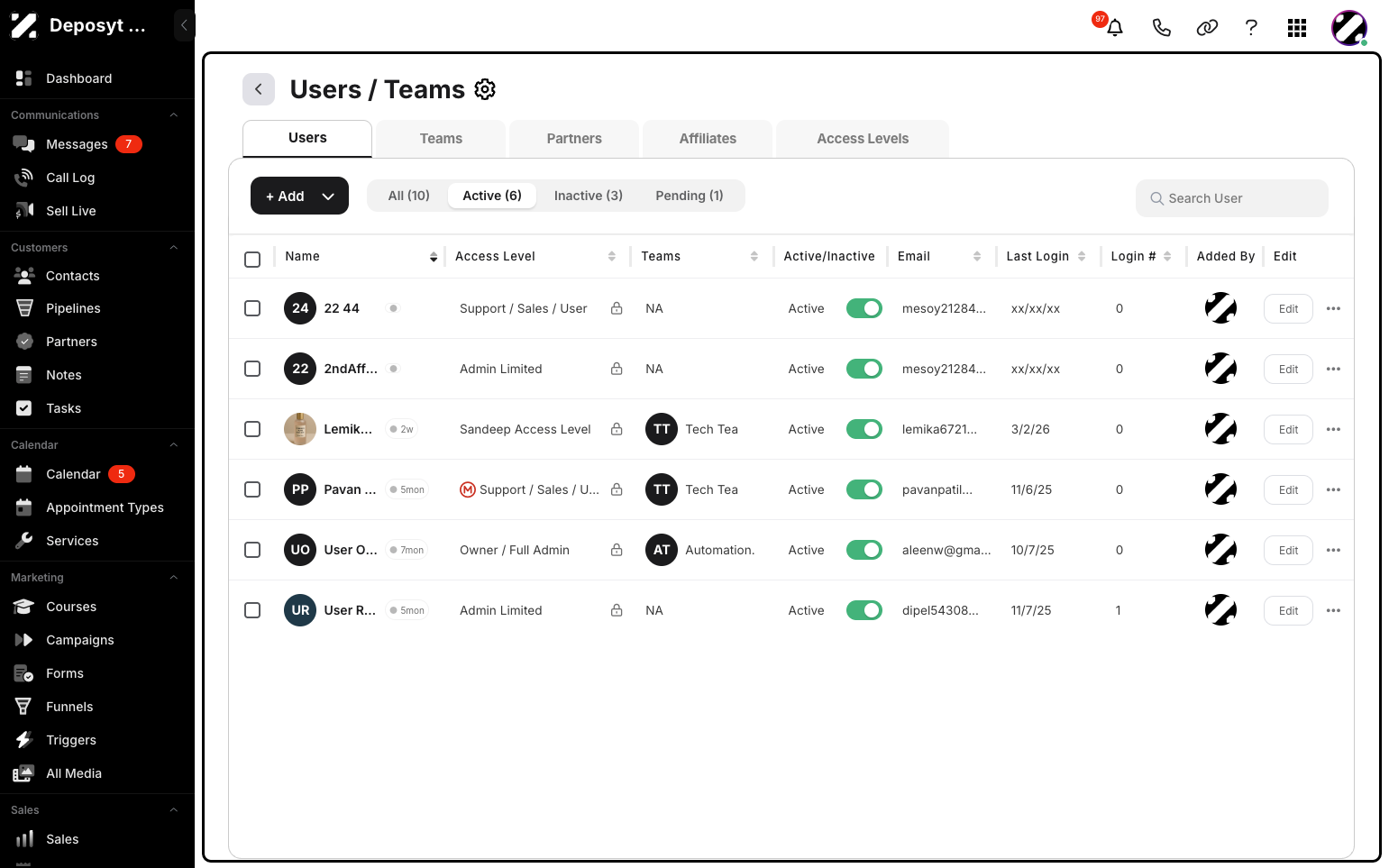 Step 4: You will now be in the Accessing Users / Partners / Affiliates section, where you can manage users, partners, affiliates, and even teams.