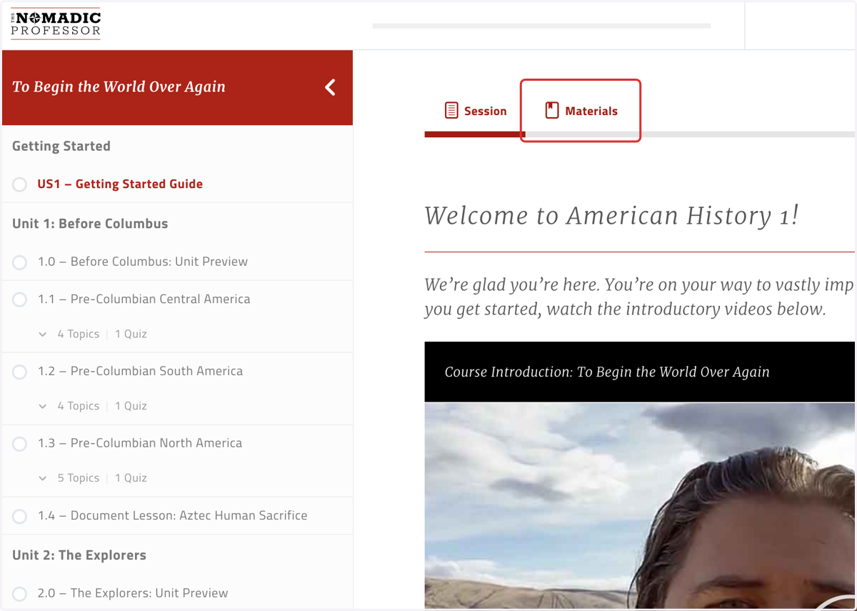 Click on the "Materials" tab in the Getting Started Guide for the course in question