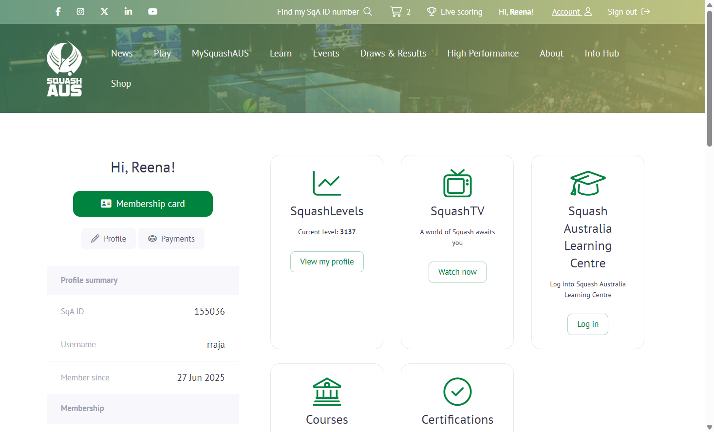 To see your MySquashAUS membership details, click on 'Account'.