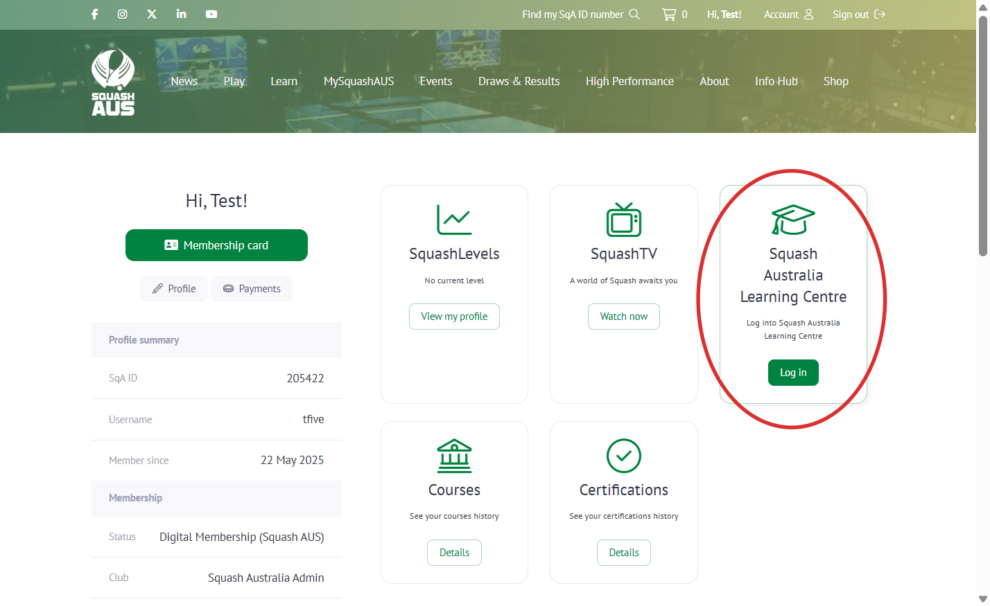 Once you're logged into your MySquashAUS account, find the 'Squash Australia Learning Centre' tile and click on 'Log in'.