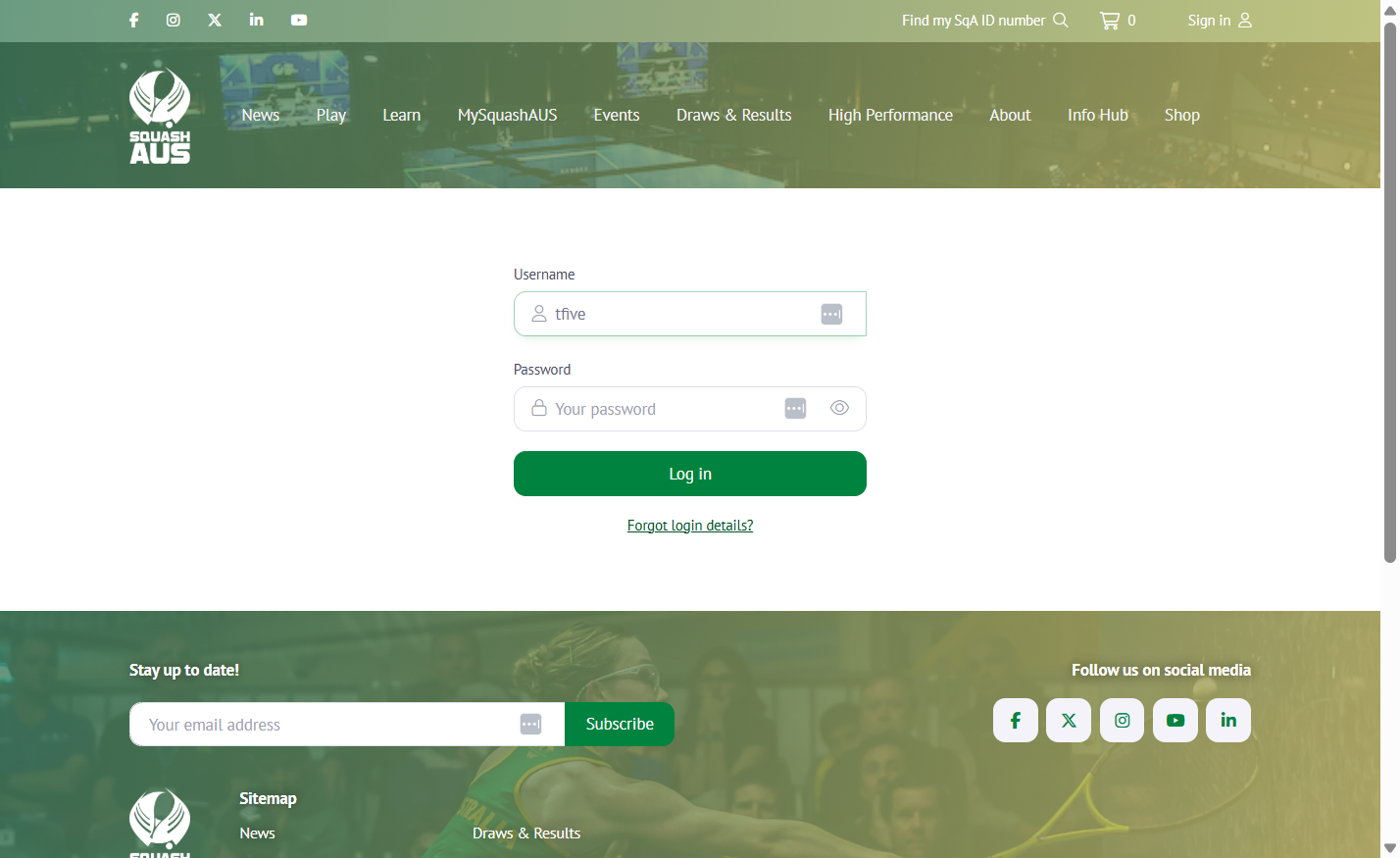If you're unsure of your MySquashAUS login details, click 'Forgot login details?' and an email will be sent to your registered email address with the info.
