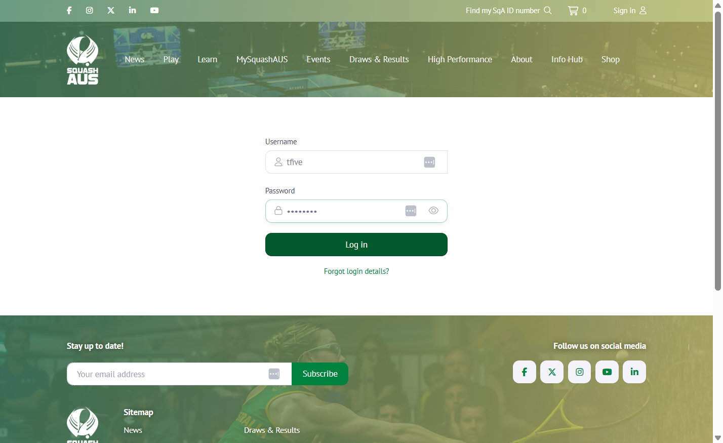 Type your MySquashAUS account username & password and click 'Log in'.