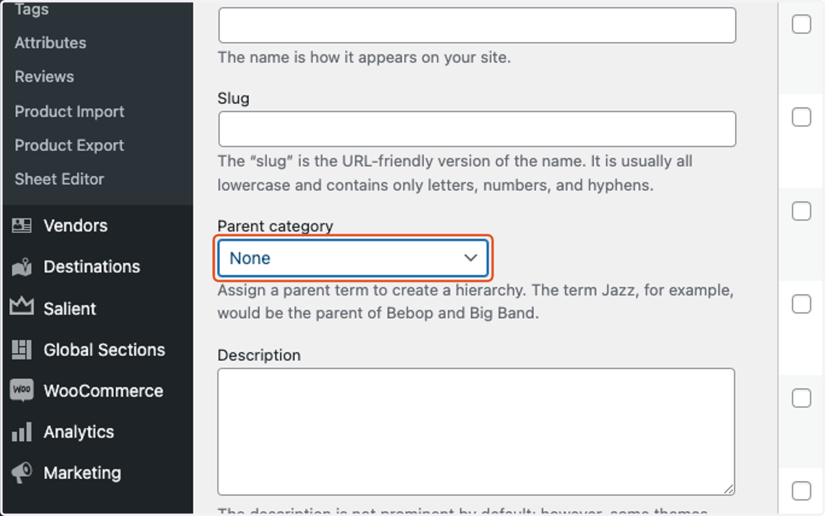 If the new category is going to be a subcategory for an existing category, select this dropdown and choose the correct parent category that will house this new subcategory. When finished, click on the blue button that says Add new category.