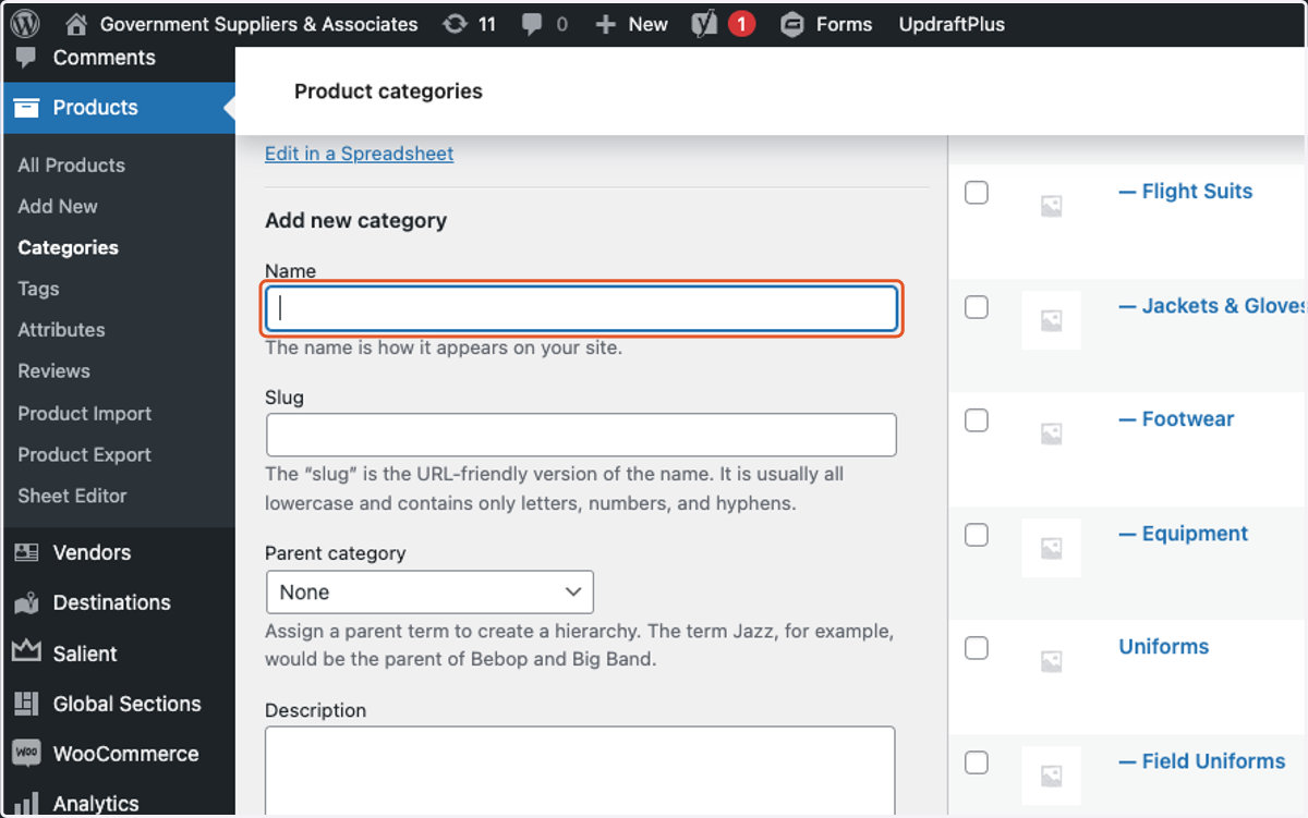 Click on Name and enter the title of the new category.