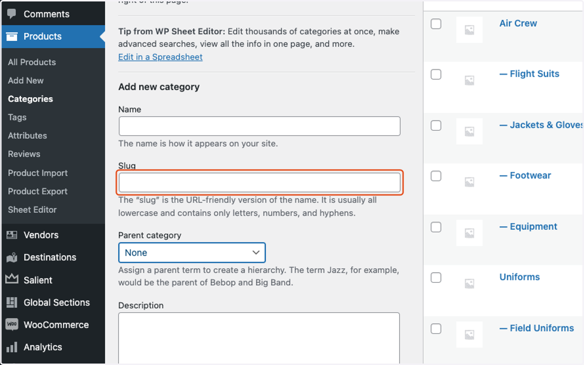 Click on Slug and retype the title of the category but all lower case and replace a space with a hyphen (-).