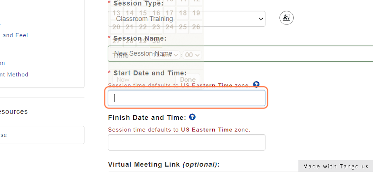 Select a Start Date and Time to show the Date Picker.