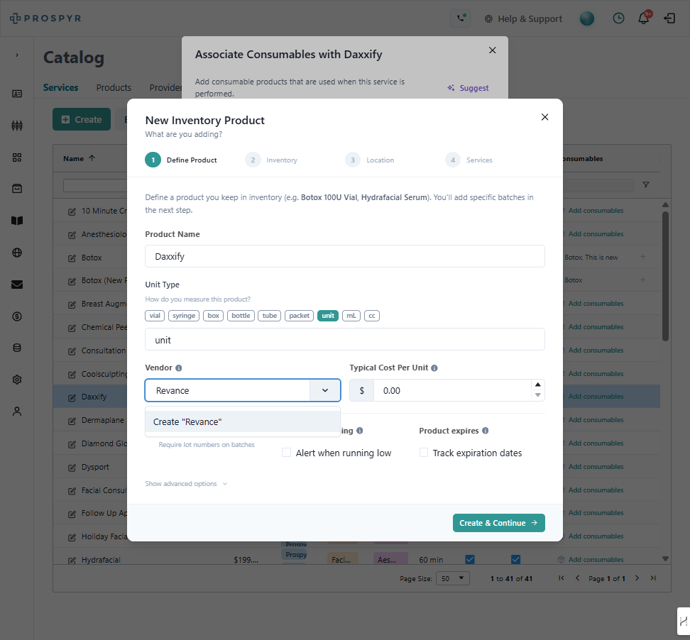 A. Select unit type B. Type Vendor name C. If it's a new vendor, click Create