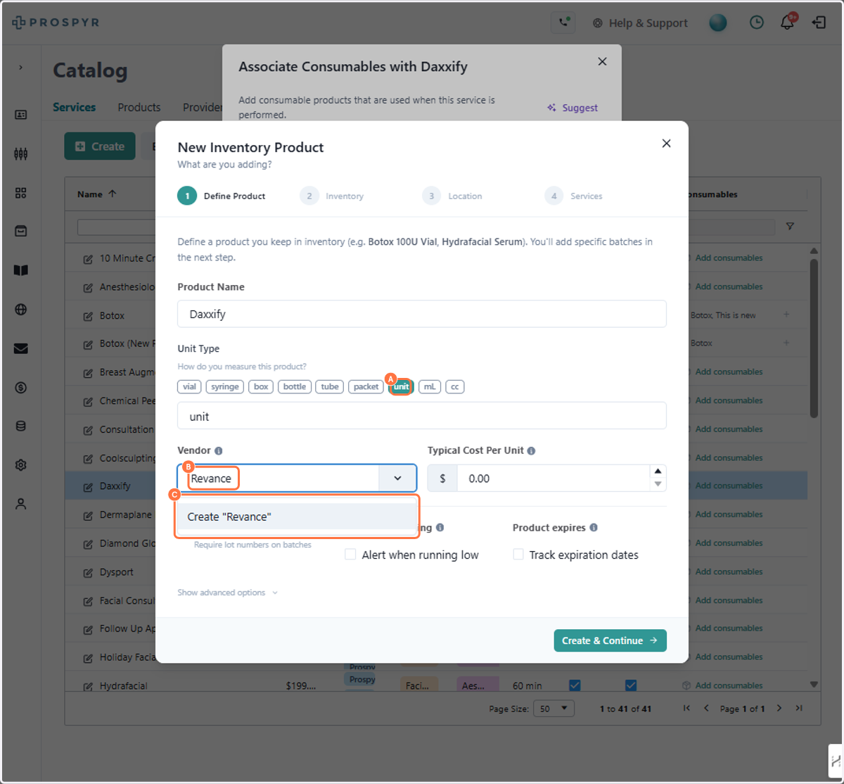 A. Select unit type B. Type Vendor name C. If it's a new vendor, click Create