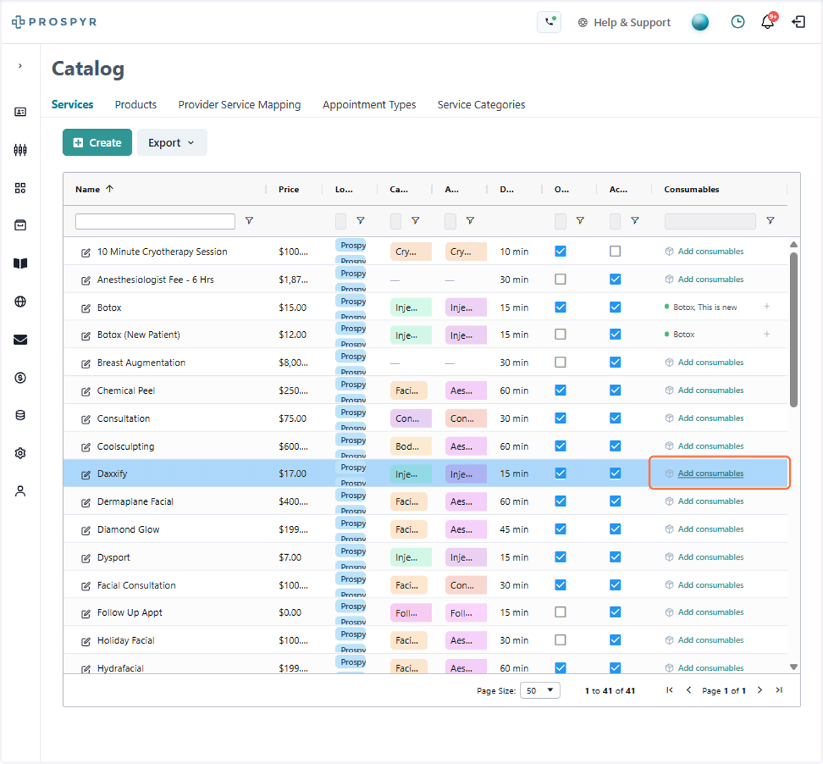 From the catalog, click add consumables on to the applicable service