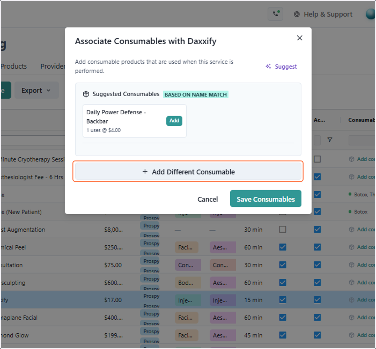 Click Add on the suggested consumable, or click add different consumable if you don't see the right option