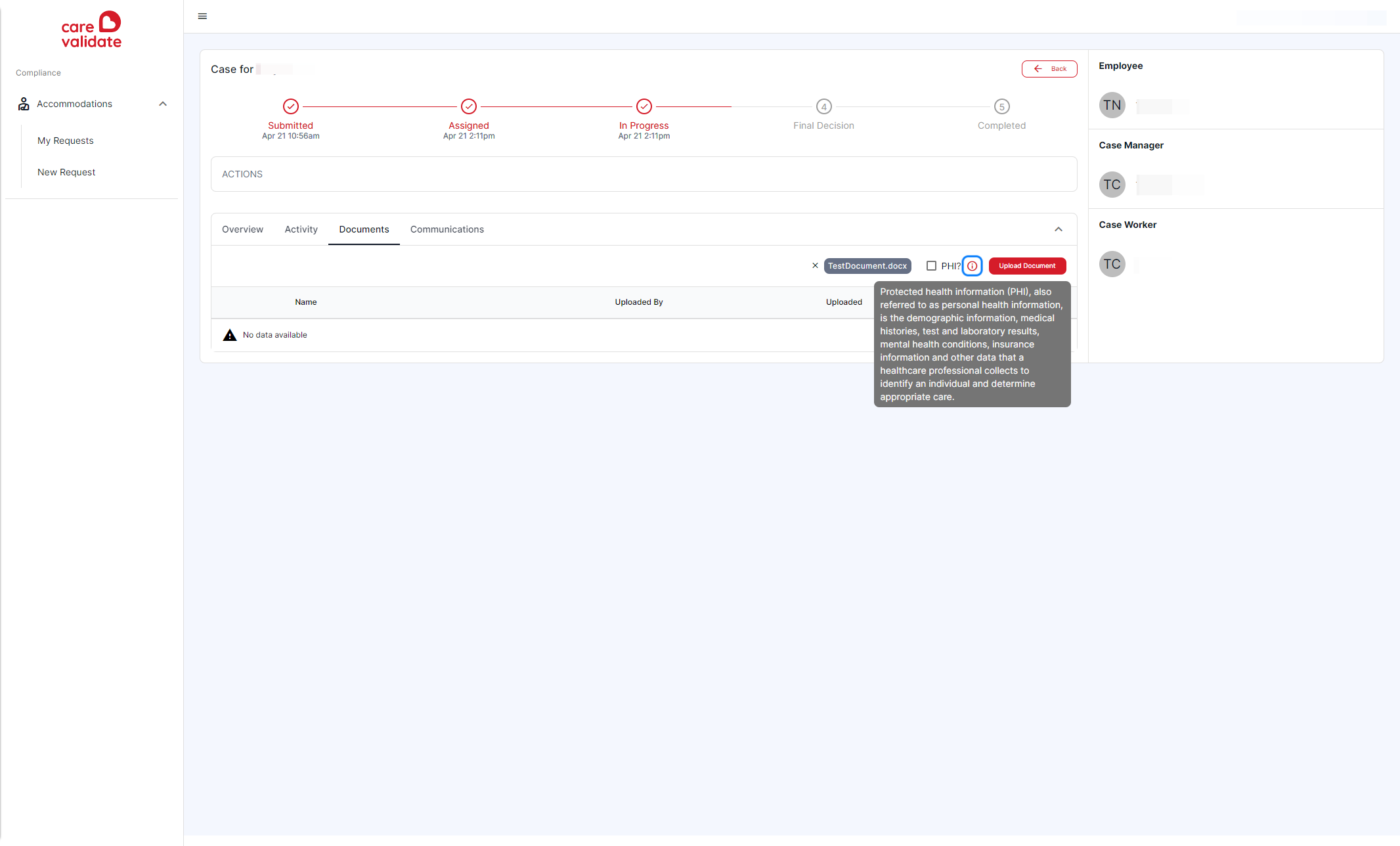 If your document contains Protected Health Information, use the check box before clicking Upload to limit access to it