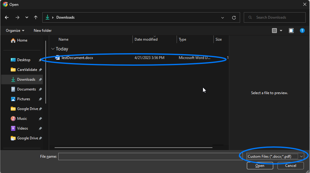 Choose your file to upload; it must be in a .docx or .pdf format. Then click Open