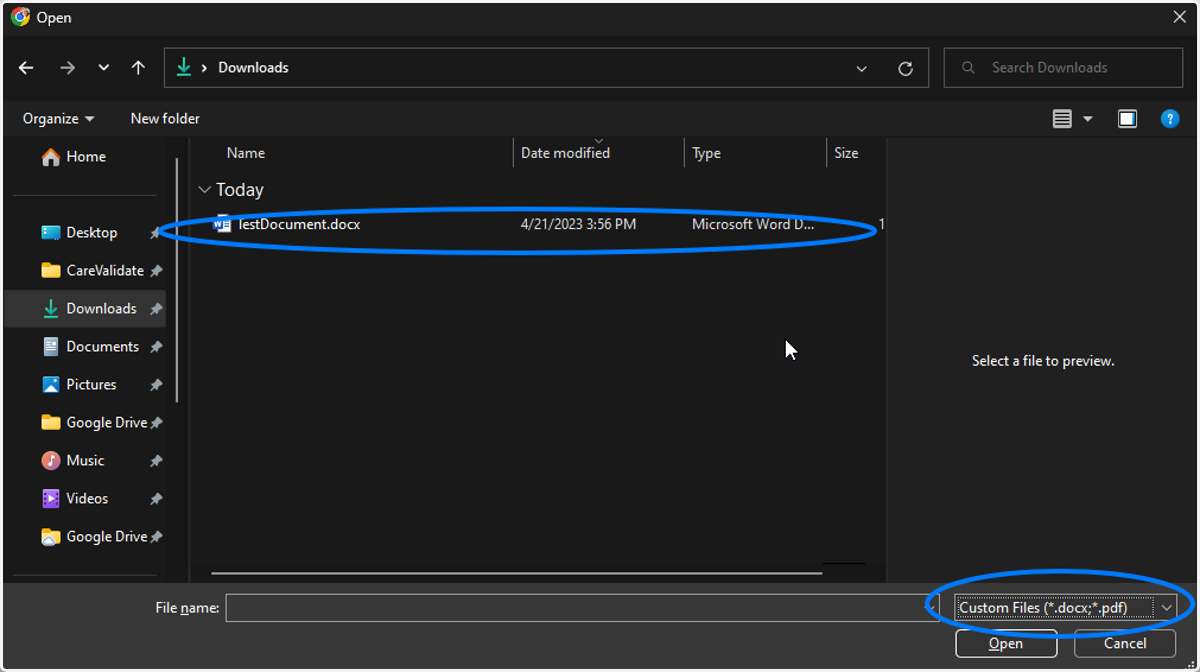 Choose your file to upload; it must be in a .docx or .pdf format. Then click Open