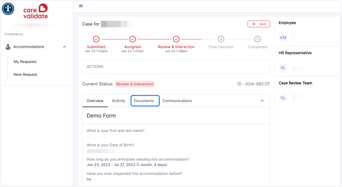 Click on the Documents tab (* The Documents and Communications sections are disabled once the case is assigned and accepted for processing.)