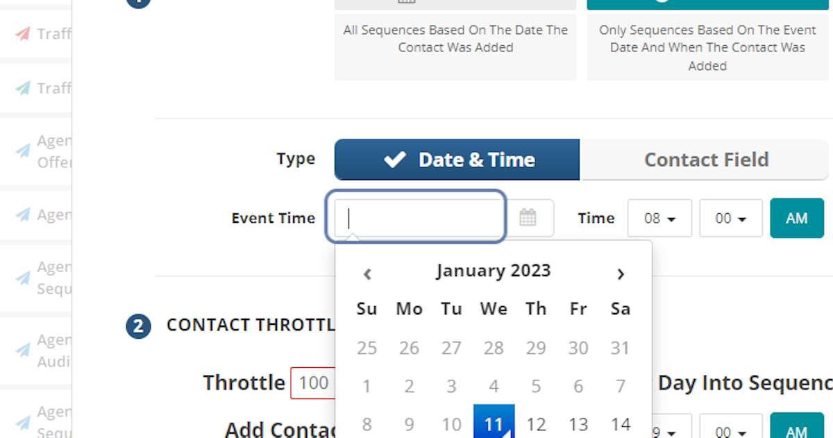 If you choose DATE & Time select the date from the date selector