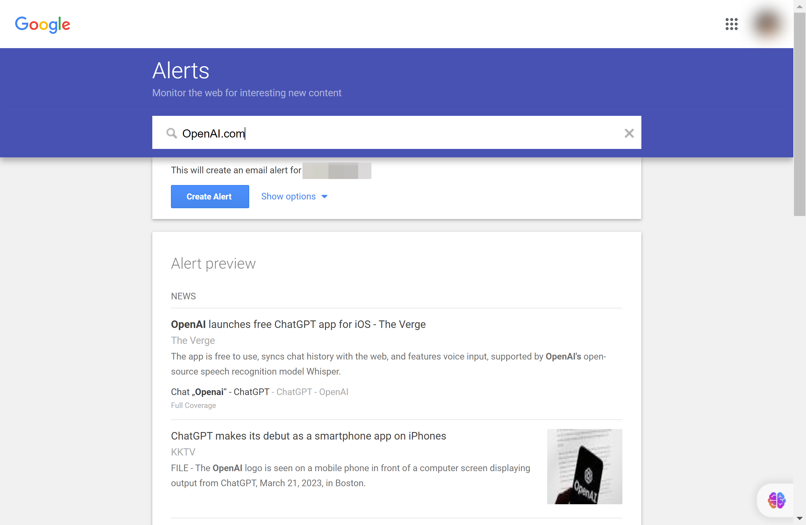Click on "Show options" to customize the Alert first before creating it