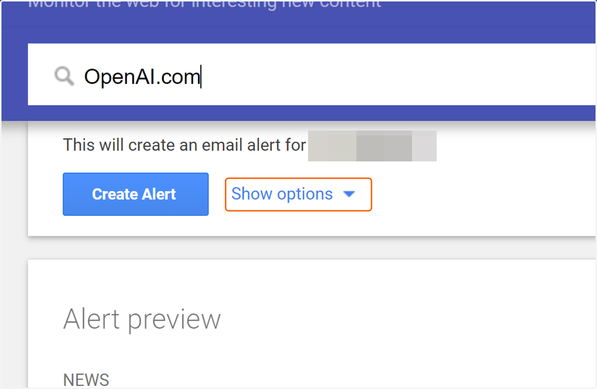 Click on "Show options" to customize the Alert first before creating it