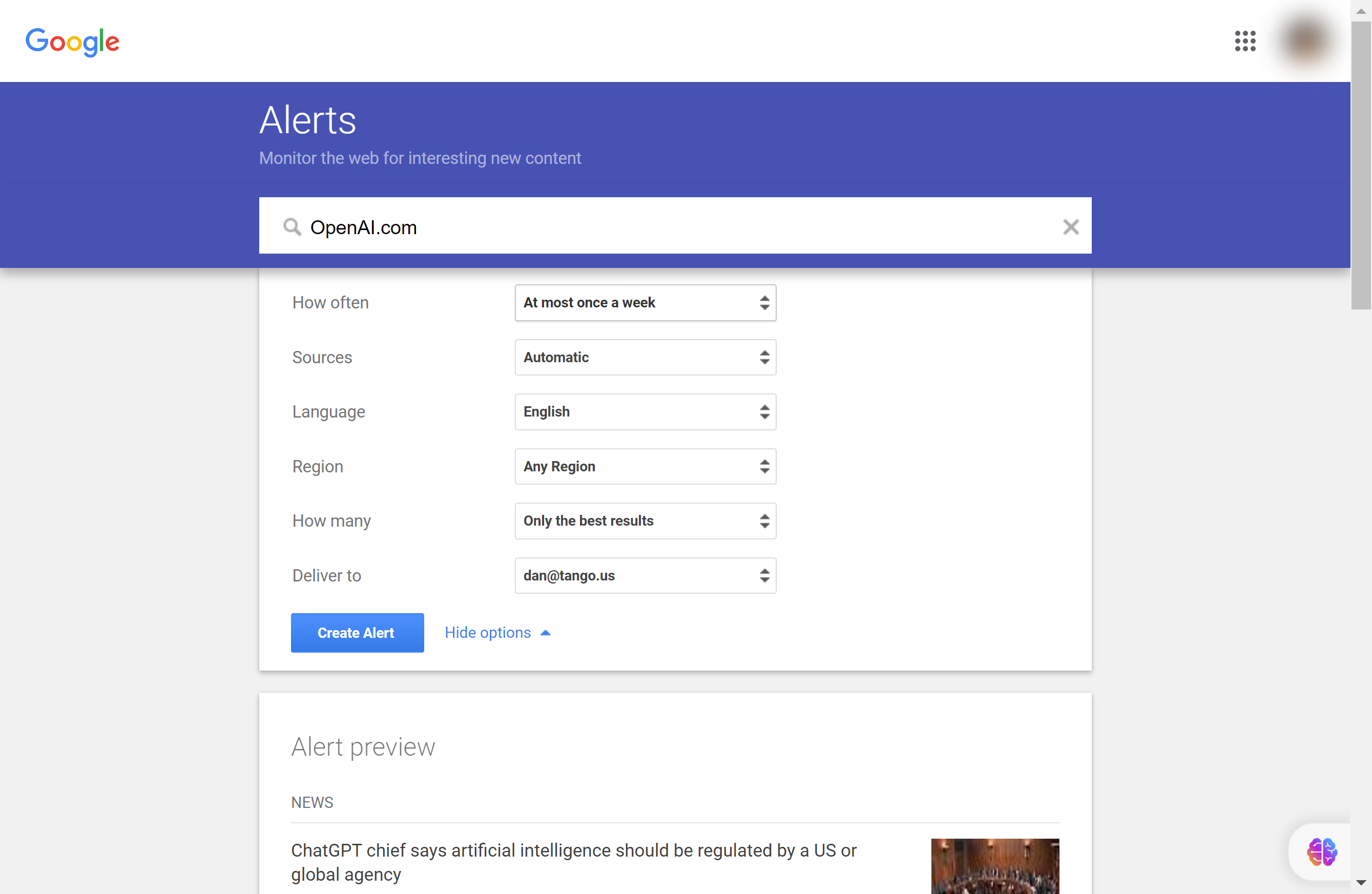 Click on Create Alert