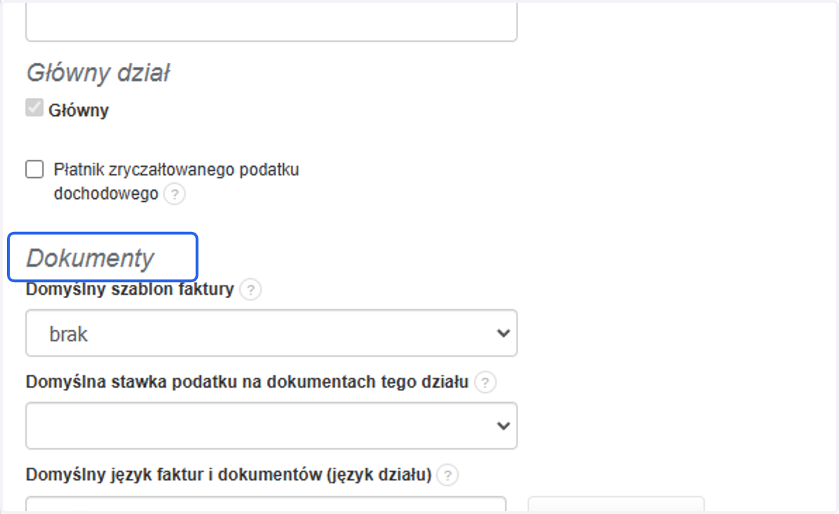 W formularzu edycji danych firmy przejdź do sekcji 'Dokumenty'.