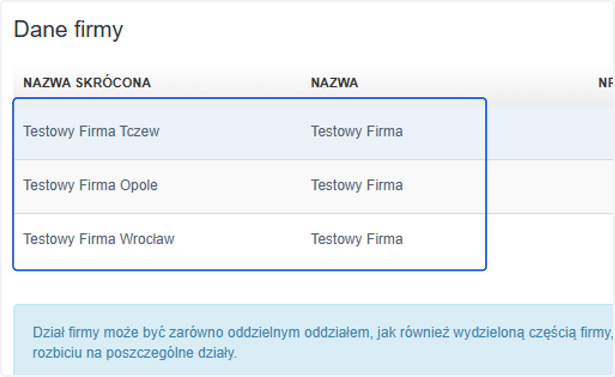 System wyświetli listę działów/firm dodanych na koncie. Jako przykład wybierzemy oddział Tczew.