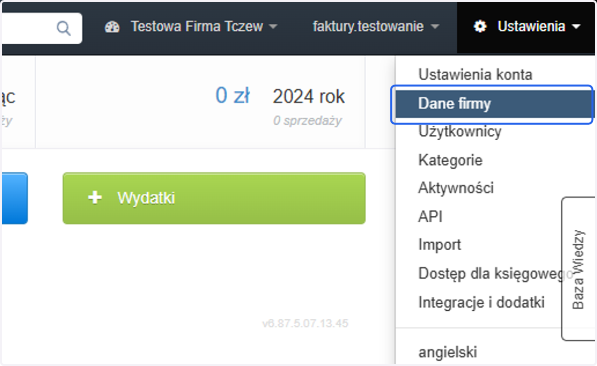 Następnie z listy wybierz 'Dane firmy', by przejść na listę działów/firm na Twoim koncie.