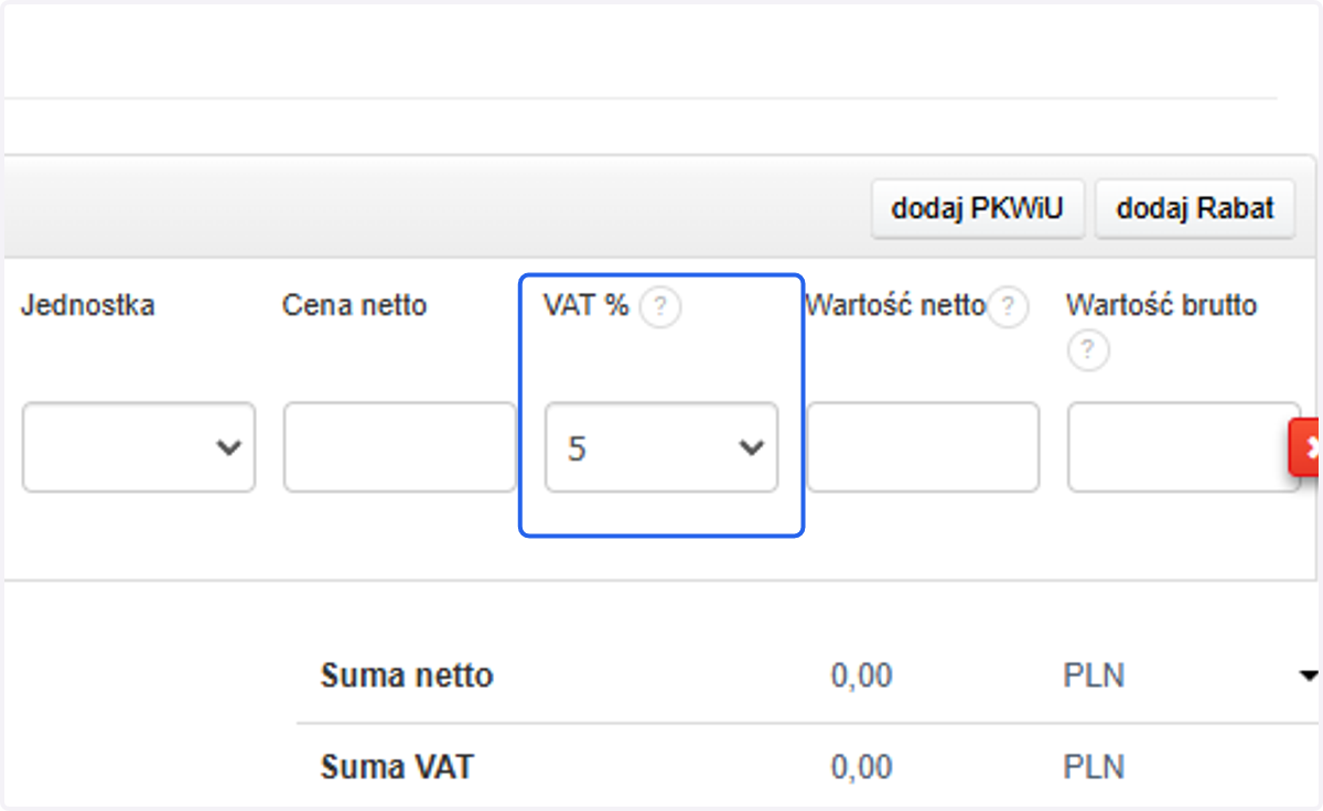 W pozycjach na fakturze system prawidłowo zaczytał stawkę VAT 5%, czyli zgodną z ustawieniami działu.