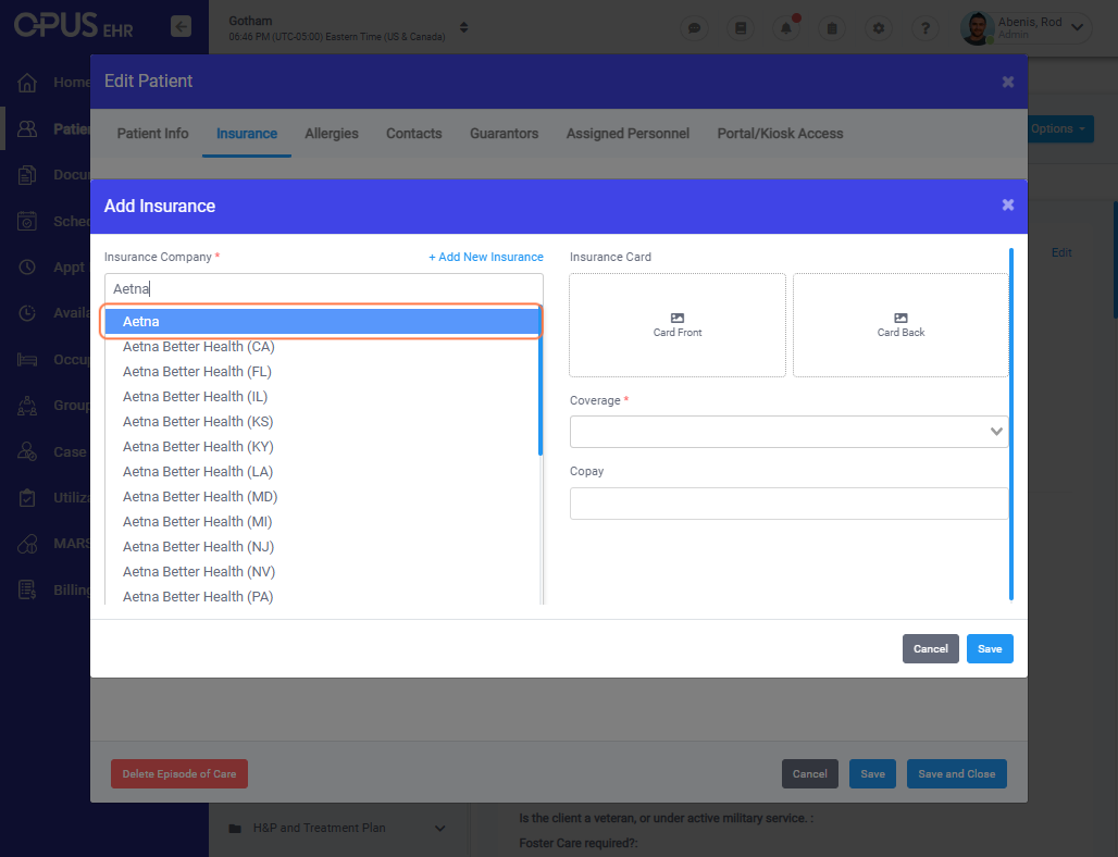 Enter Insurance name and select match from "Insurance company" dropdown field. Then continue to fill out all other required fields.