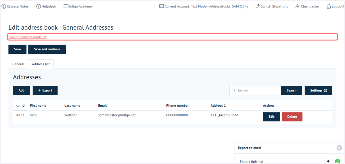 Click on back to address book list