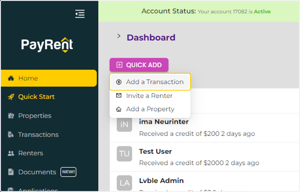 Click on Add a Transaction