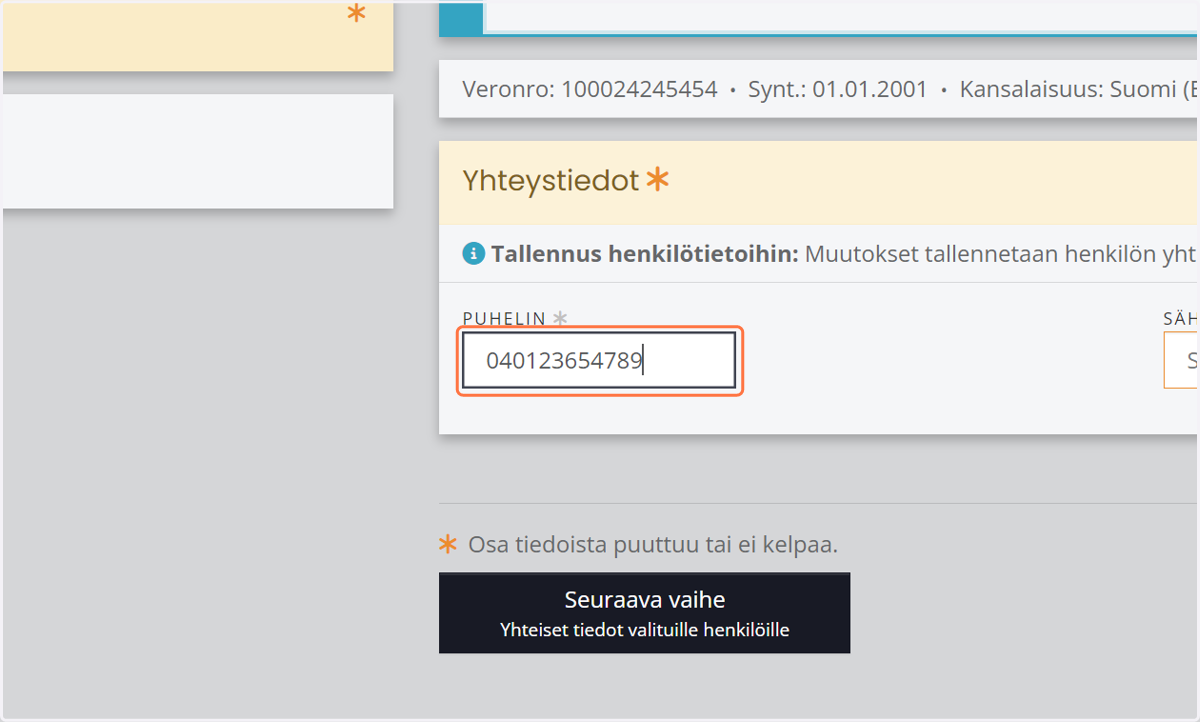 Jos vaaditaan: Lisää henkilön oma puhelinnumero